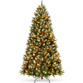 Pre-Lit Frosted Spruce Christmas Tree, w/ Pinecones, Berries, Metal Base