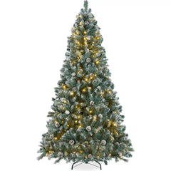Pre-Lit Pre-Decorated Christmas Tree w/ Flocked Tips, Pinecones