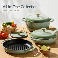 Non-Stick Pot & Pan Cookware Set, Cast Iron Skillet, Pan, Press, Dutch Oven