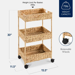3-Tier Water Hyacinth Rolling Utility Cart w/ Weaved Baskets