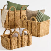 3Pc Shelf Baskets, Small, Large & XL Chunky Woven Baskets w/ Braided Handles