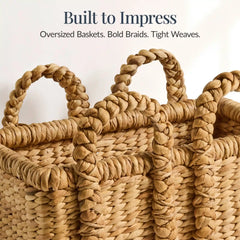 3Pc Shelf Baskets, Small, Large & XL Chunky Woven Baskets w/ Braided Handles