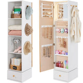 Rotating Mirror w/ Storage Cabinet, Swivel Jewelry Armoire, Shelves, Hooks