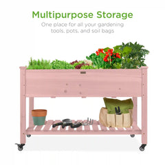Mobile Raised Garden Bed Elevated Planter w/ Wheels, Shelf - 48x24x32in