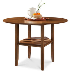 42" Round Drop Leaf Dining Table For 4, Solid Wood Table W/ Storage Shelf