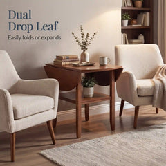 42" Round Drop Leaf Dining Table For 4, Solid Wood Table W/ Storage Shelf