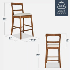 26" Counter-Height Farmhouse Wood Stools w/ Cushion & Backrest, Set of 2