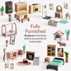 Pretend Play Wooden Doll House w/ 40 Accessories, Modern Toy Playset