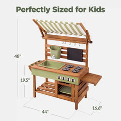 Deluxe Wooden Outdoor Mud Kitchen w/ Canopy, Sink, Faucet & 14pc Accessories