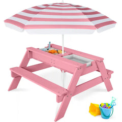 3-in-1 Kids Sand & Water Table Outdoor Wood Picnic Table w/ Umbrella