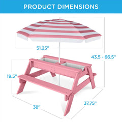 3-in-1 Kids Sand & Water Table Outdoor Wood Picnic Table w/ Umbrella