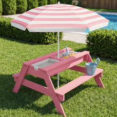 3-in-1 Kids Sand & Water Table Outdoor Wood Picnic Table w/ Umbrella