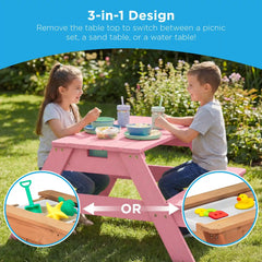 3-in-1 Kids Sand & Water Table Outdoor Wood Picnic Table w/ Umbrella