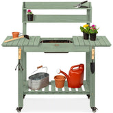Wood Garden Potting Bench w/ Sliding Tabletop, Food Grade Dry Sink, Wheels