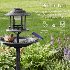 Solar Lighted Outdoor Pedestal Bird Bath w/ Planter, Decorative Bird Cage
