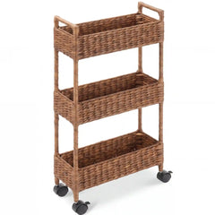 3-Tier Slim Rolling Nursery Caddy w/Wheels, Handwoven Utility Cart