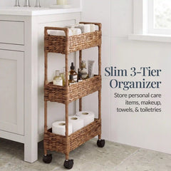 3-Tier Slim Rolling Nursery Caddy w/Wheels, Handwoven Utility Cart