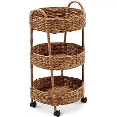 3-Tier Round Rolling Nursery Caddy w/Wheels, Handwoven Utility Cart