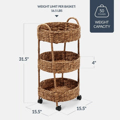 3-Tier Round Rolling Nursery Caddy w/Wheels, Handwoven Utility Cart