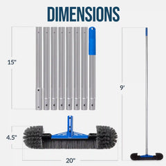 20" Pool Brush with 9 ft Aluminum Pole Pool Wall & Floor Cleaning Set