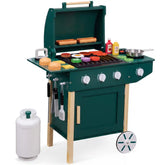 Kids Wooden BBQ Grill Playset, Pretend Kitchen Toy w/ 28 Accessories
