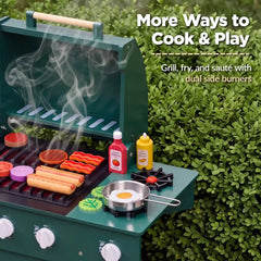 Kids Wooden BBQ Grill Playset, Pretend Kitchen Toy w/ 28 Accessories