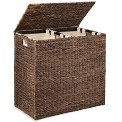 Large Water Hyacinth Double Laundry Hamper Basket w/ 2 Liner Bags