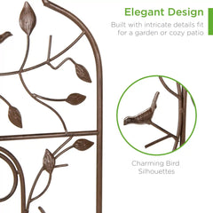Iron Arched Garden Trellis Fence Panel w/ Branches, Birds - 60x15in