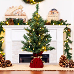 Pre-Lit Tabletop Christmas Tree w/ Red Velvet Cover & Gold Cord