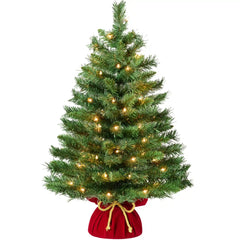 Pre-Lit Tabletop Christmas Tree w/ Red Velvet Cover & Gold Cord