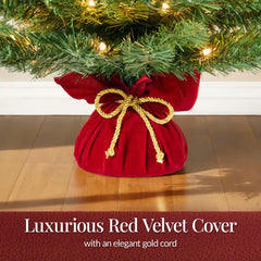 Pre-Lit Tabletop Christmas Tree w/ Red Velvet Cover & Gold Cord