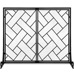 2-Panel Wrought Iron Geometric Fireplace Screen w/ Magnetic Doors - 44x33in