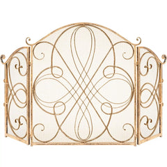 3-Panel Wrought Iron Metal Fireplace Screen Cover w/ Scroll Design - 55x33in