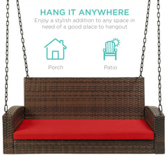 Woven Wicker Hanging Porch Swing Bench w/ Mounting Chains, Seat Cushion