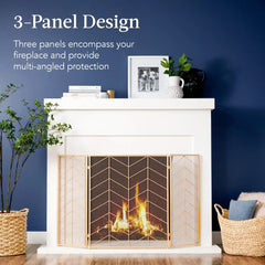 3-Panel Iron Chevron Fireplace Screen w/ Handles - 52x31in