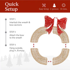 Pre-Lit Outdoor Christmas Wreath, LED Metal Holiday Decor w/ Bow - 36in
