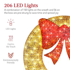 Pre-Lit Outdoor Christmas Wreath, LED Metal Holiday Decor w/ Bow - 60in