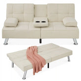 Linen Upholstered Convertible Sofa Bed Futon w/ 2 Cupholders