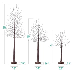 Set of 3 Lighted Twig Birch Trees, 4ft, 6ft, 8ft w/ 300 2-in-1 LEDs