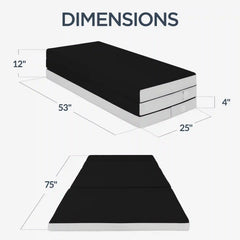 4in Portable Mattress Topper, Tri-Fold Mattress Pad - Onyx Black
