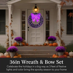 Pre-Lit Outdoor Halloween Wreath, LED Metal Holiday Decor w/ Bow - 36in