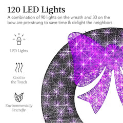 Pre-Lit Outdoor Halloween Wreath, LED Metal Holiday Decor w/ Bow - 36in