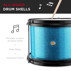 Kids Beginner 3-Piece Drum, Musical Instrument Set w/ Sticks, Stool, Pedal