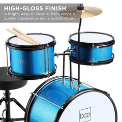 Kids Beginner 3-Piece Drum, Musical Instrument Set w/ Sticks, Stool, Pedal