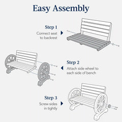2-Person Rustic Wooden Wagon Wheel Bench w/ Slatted Seat and Backrest