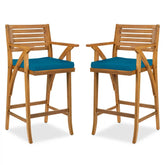Set of 2 Outdoor Acacia Wood Bar Stools Chairs w/ Weather-Resistant Cushions