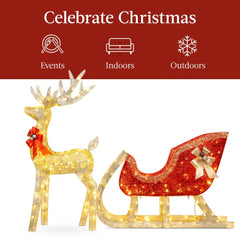 XL Lighted Christmas Reindeer & Sleigh Outdoor Decor Set w/ LED Lights