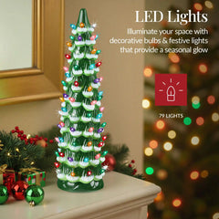 15in Ceramic Christmas Tree, Hand-Painted Holiday Decor w/ LED Lights