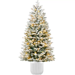 Pre-Lit Potted Flocked Christmas Tree w/Twinkling White & Multi LEDs