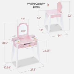 Kids Wooden Pretend Play Vanity and Chair Set w/ Mirror
